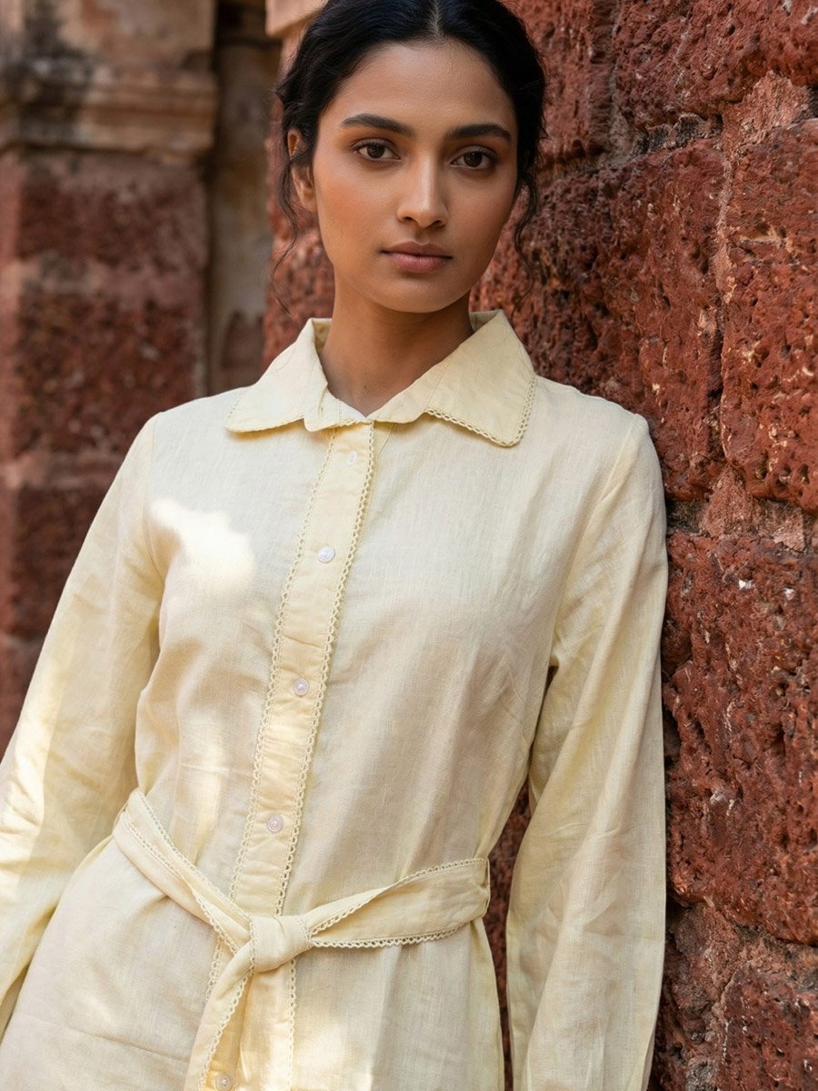 Cream Solid Cotton Shirt Knee Length Dress