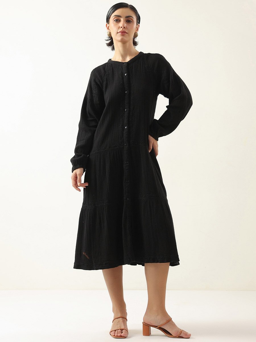 Black A-Line Midi Dress with Long Sleeves