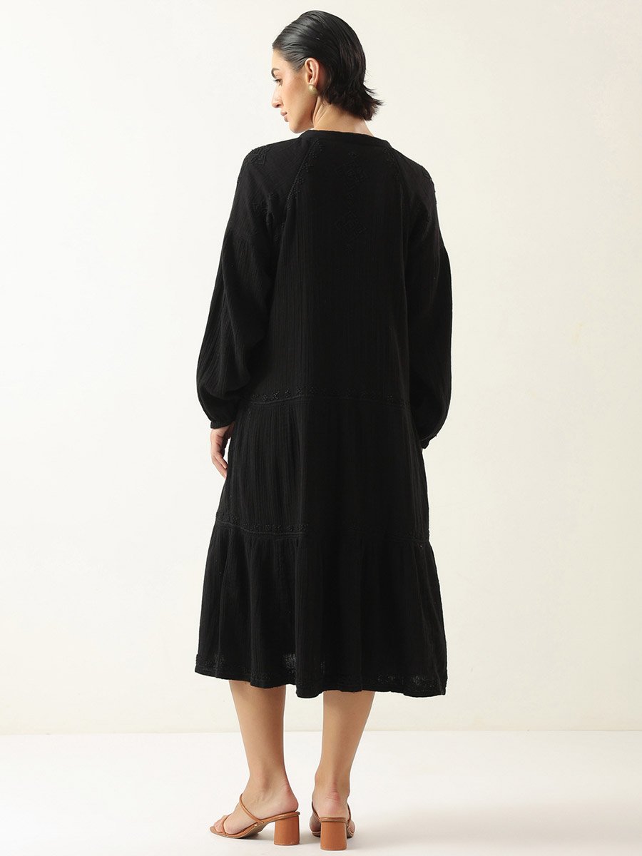 Black A-Line Midi Dress with Long Sleeves