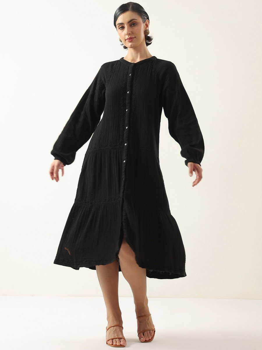 Black A-Line Midi Dress with Long Sleeves