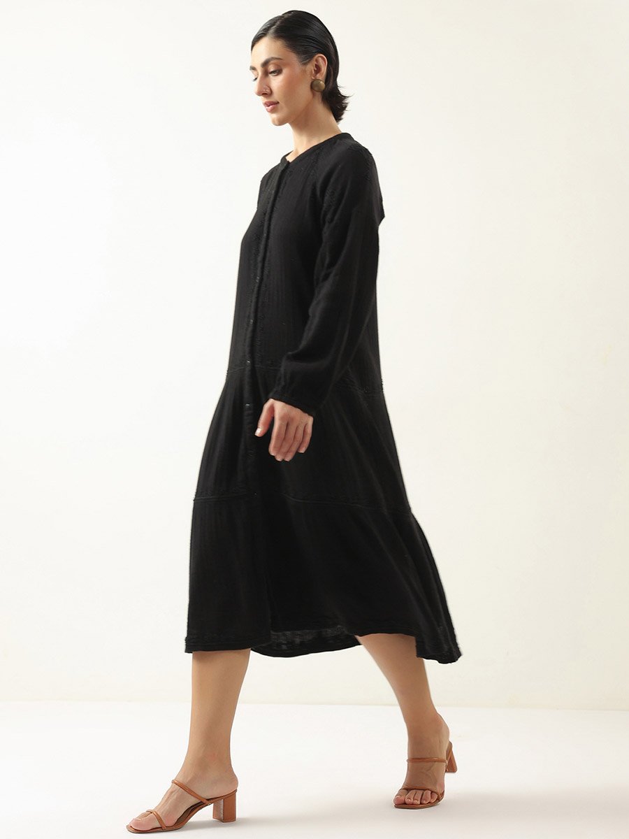 Black A-Line Midi Dress with Long Sleeves