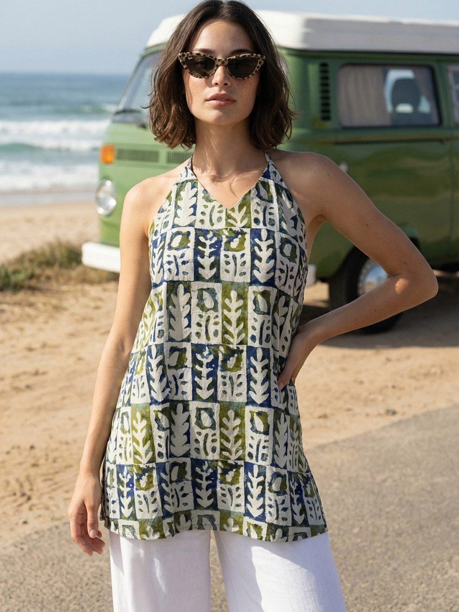 Multi-Color Graphic Print Strappy Halter Neck Top
