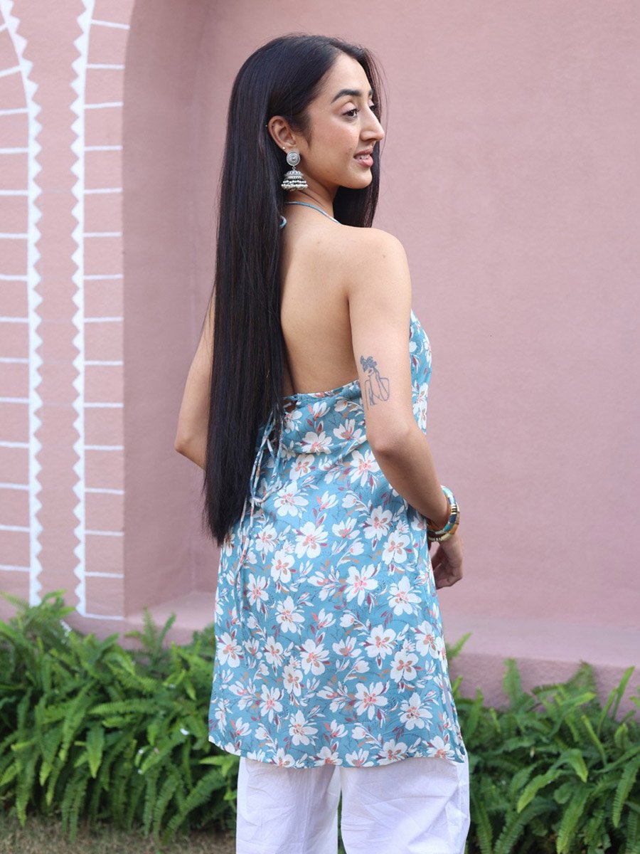 Blue Floral Print Halter V-Neck Top