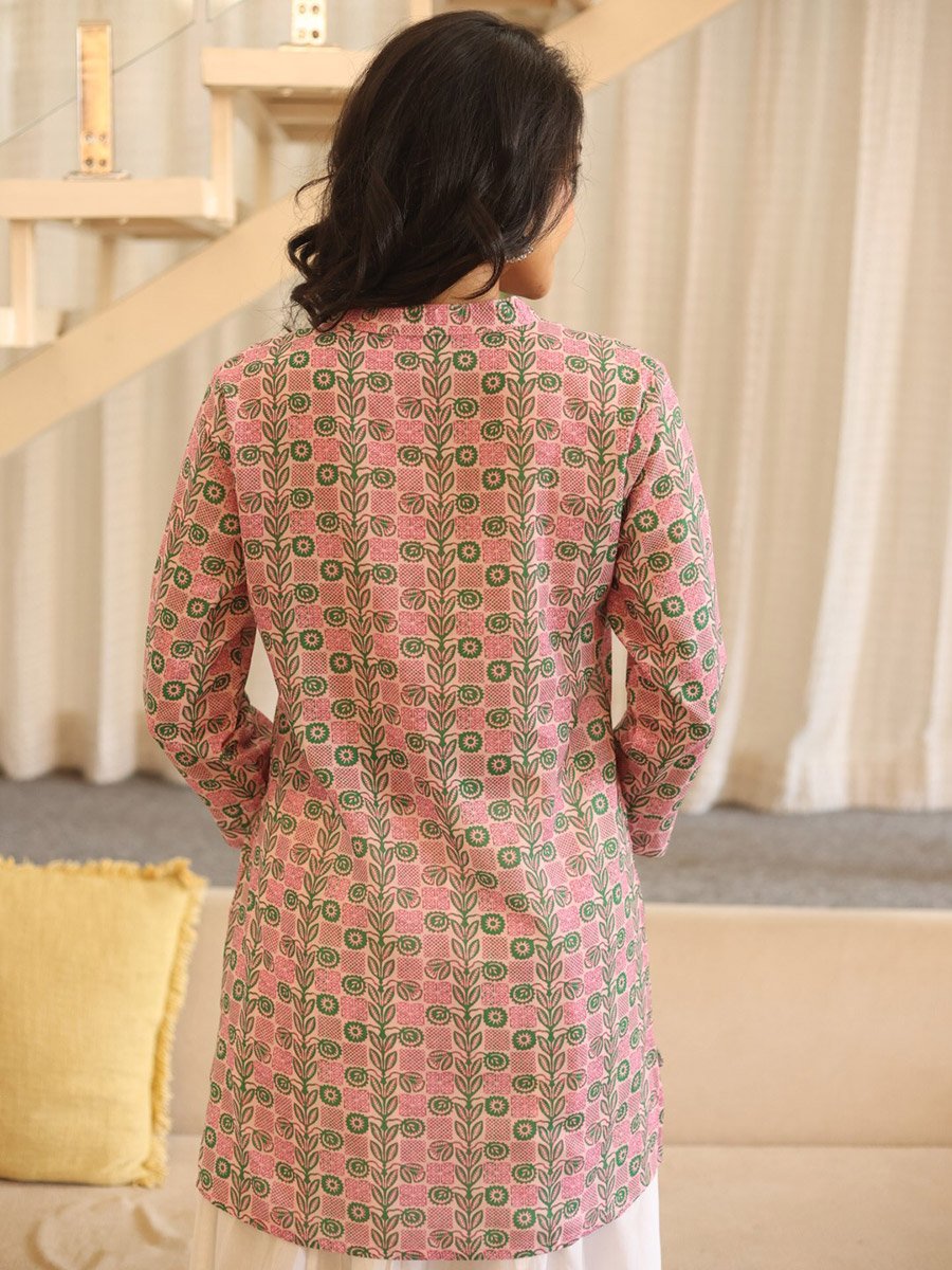 Pink Floral Print 3/4 Sleeve Mandarin Top