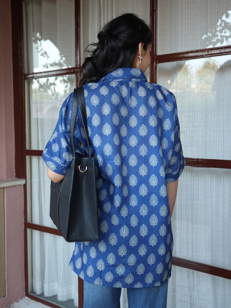 Blue Floral Print 3/4 Sleeve Regular Fit Top