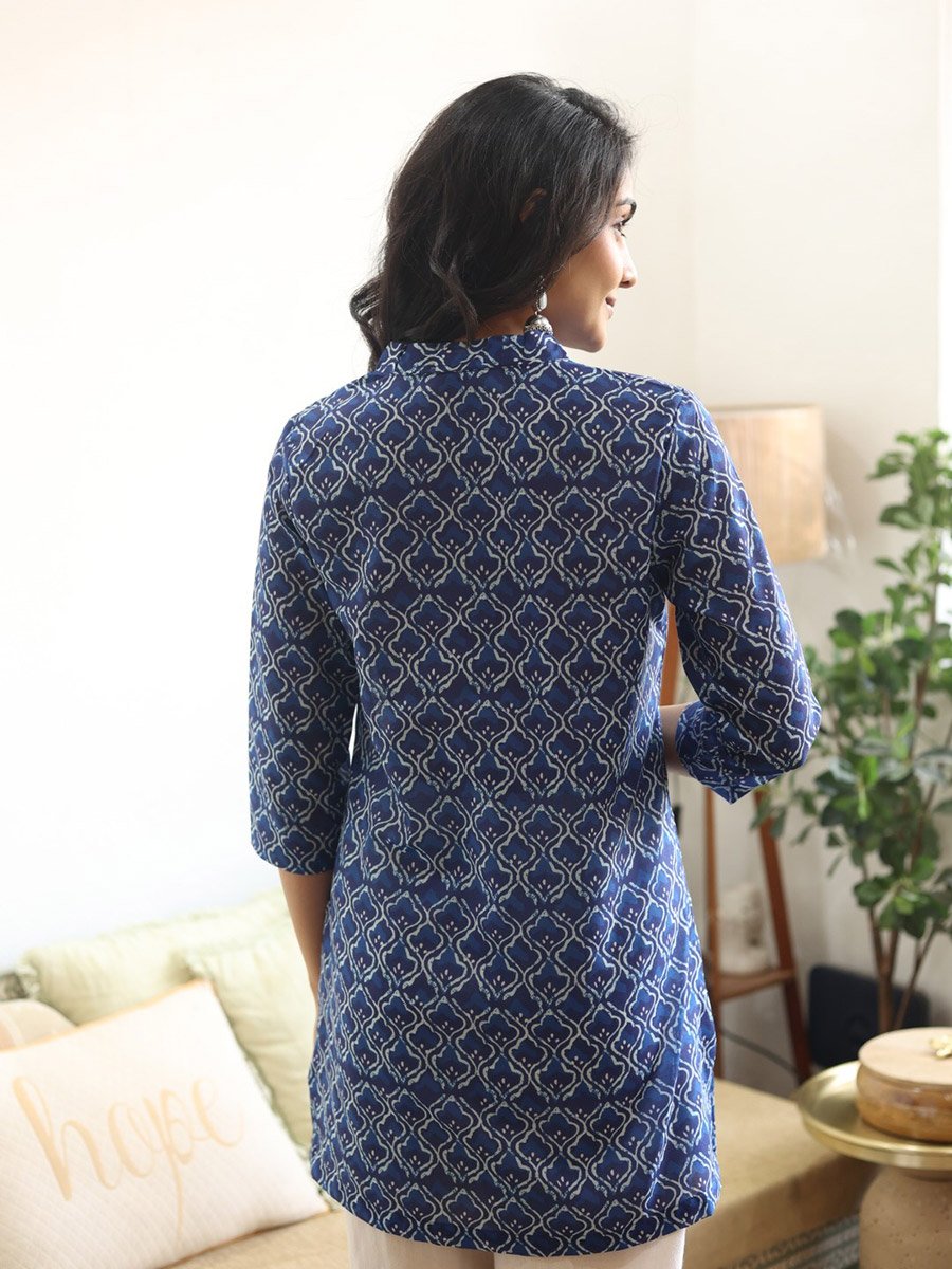 Blue Geometric Print Tunic with 3/4 Sleeves