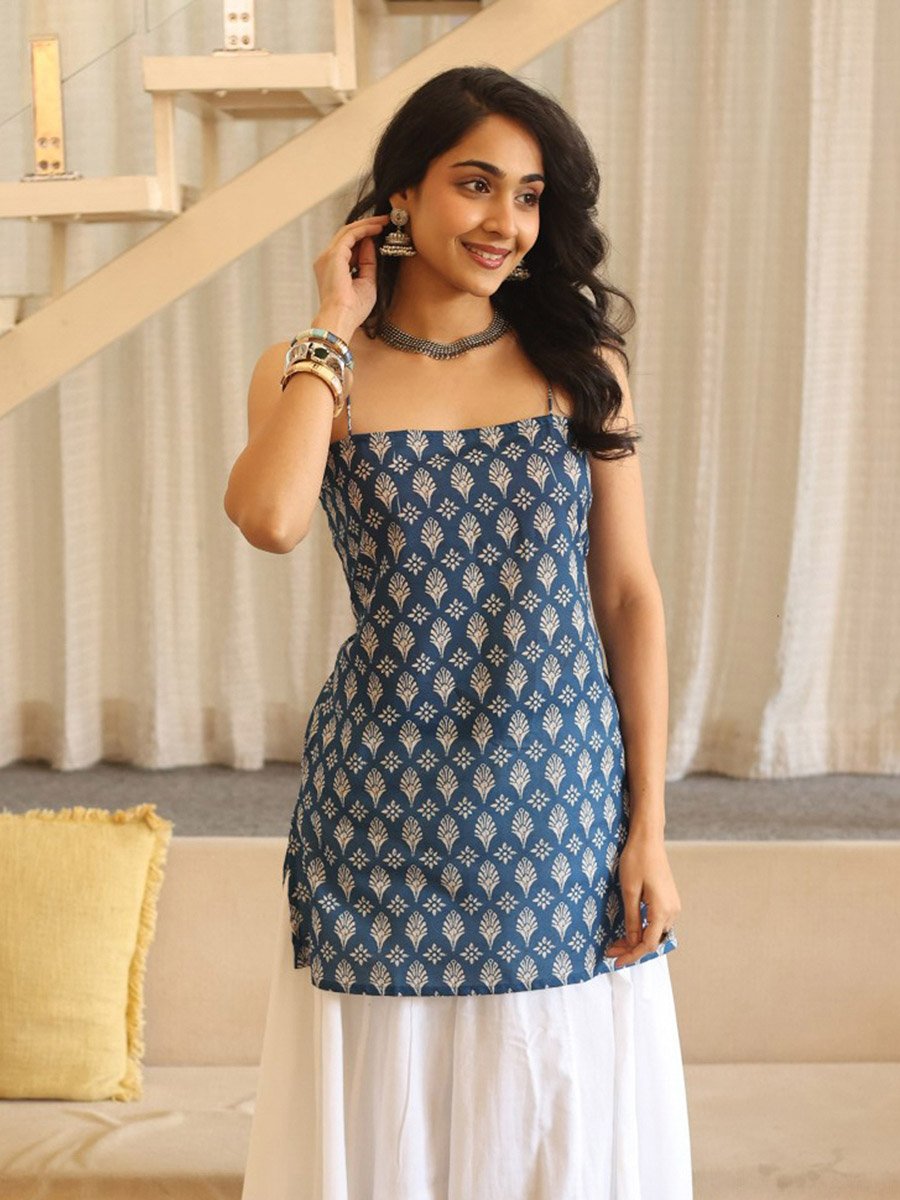 Blue Printed Strappy Square Neck Top