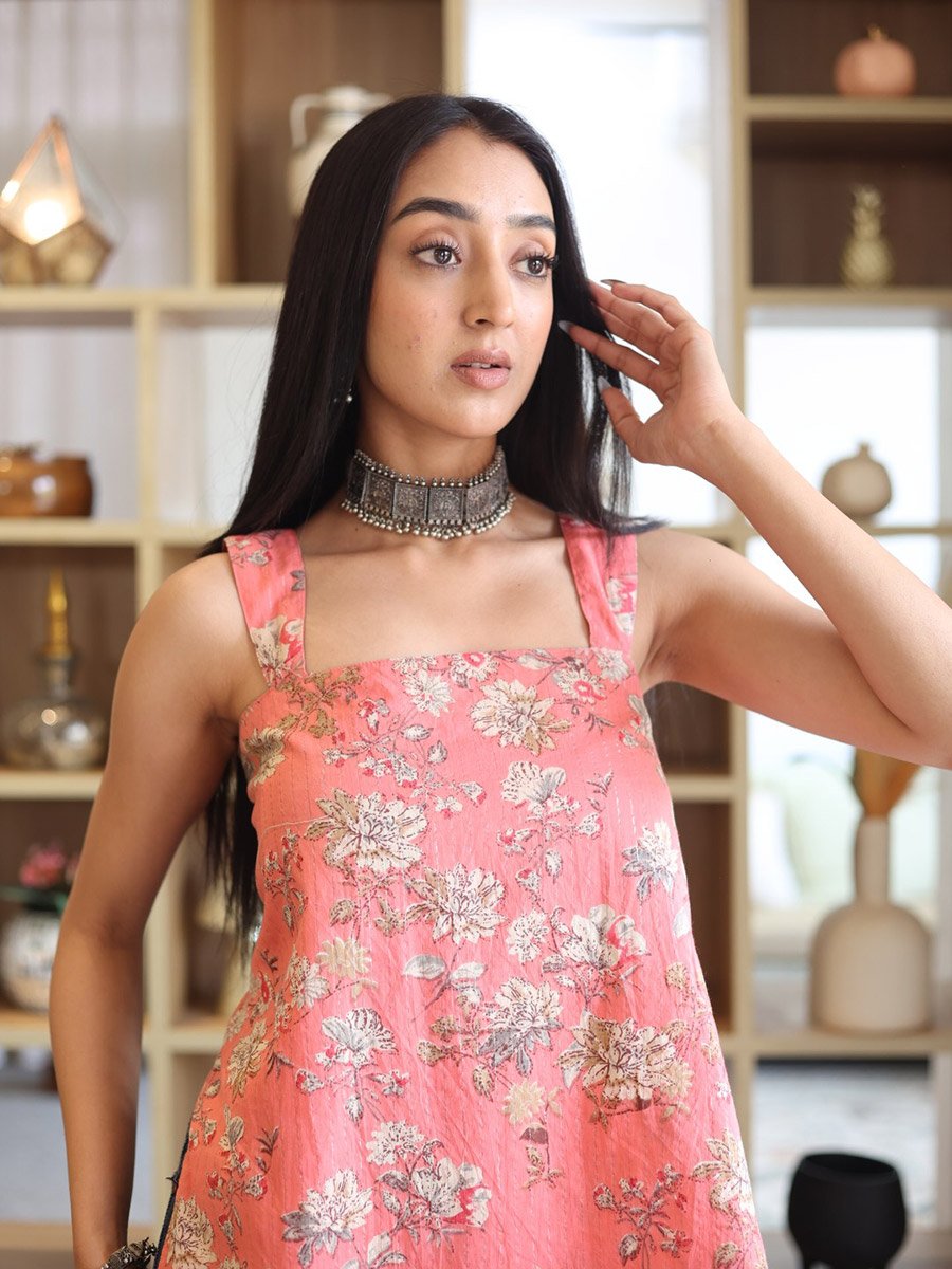 Peach Floral Print Sleeveless Cotton Top
