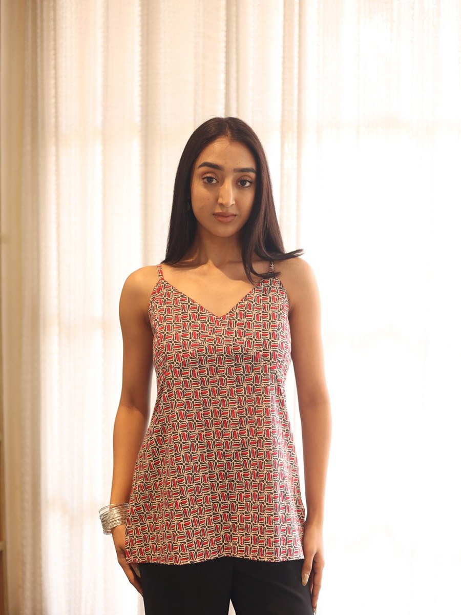 Red Geometric Print Sleeveless Cotton Top