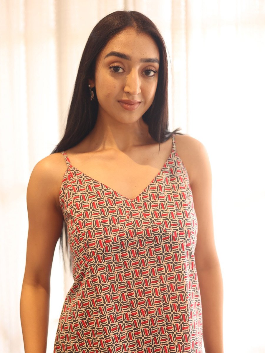 Red Geometric Print Sleeveless Cotton Top