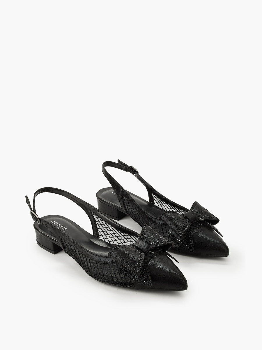 Women Bow Embellished Buckle Closure Pointed Toe Shoes