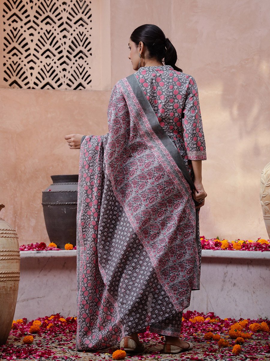 Multi-Color Floral Print V-Neck Kurta and Straight Pants Set with Dupatta