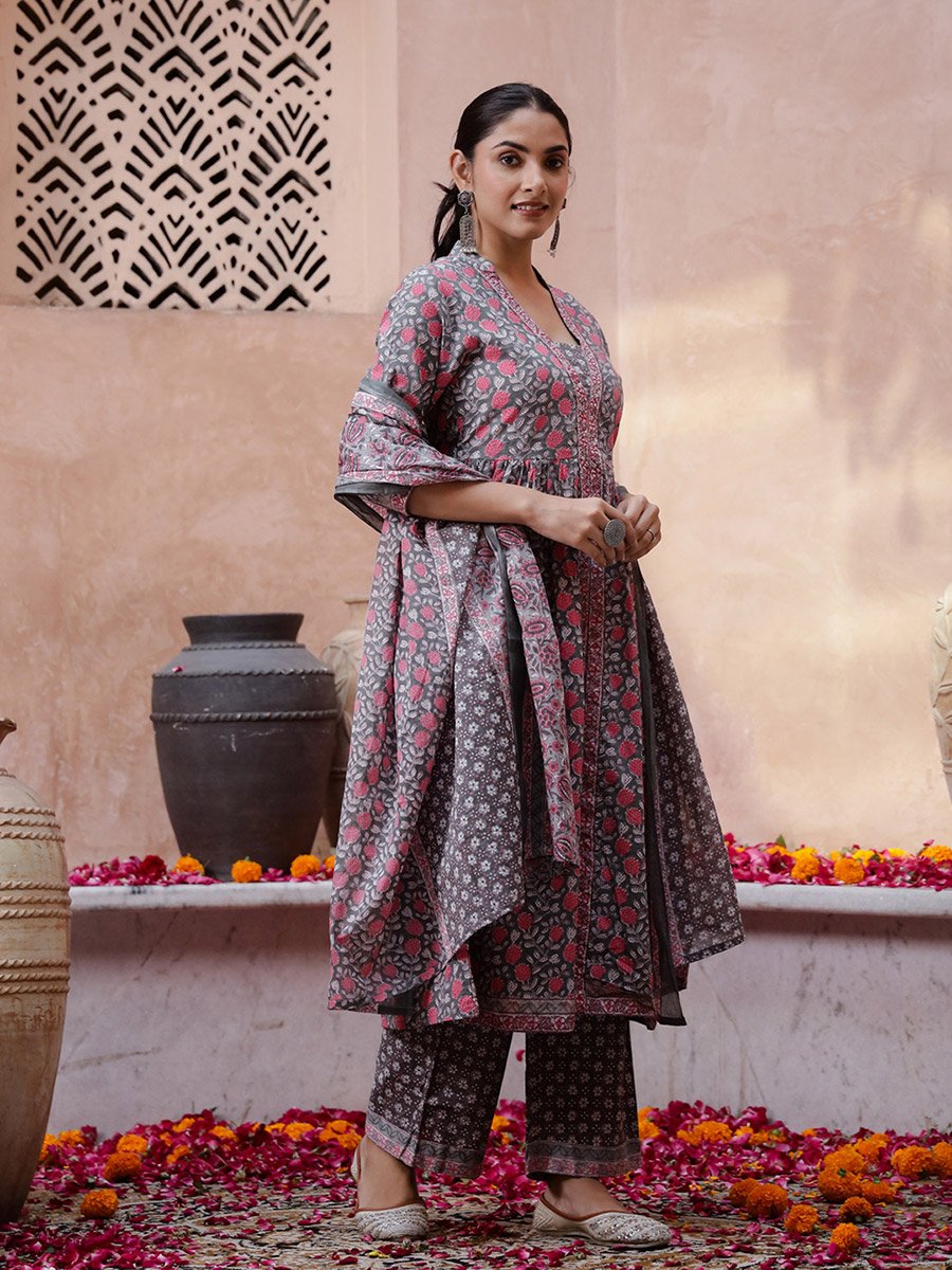 Multi-Color Floral Print V-Neck Kurta and Straight Pants Set with Dupatta