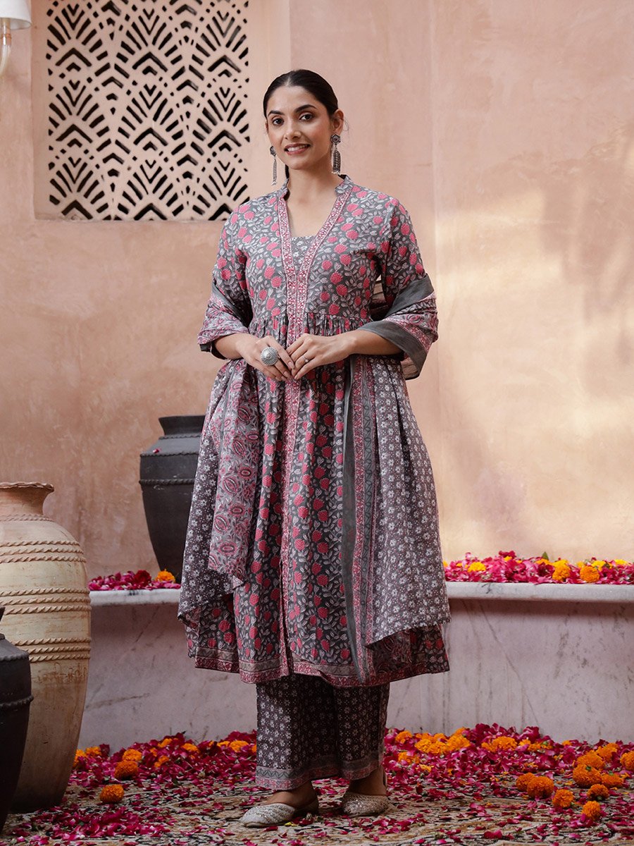 Multi-Color Floral Print V-Neck Kurta and Straight Pants Set with Dupatta