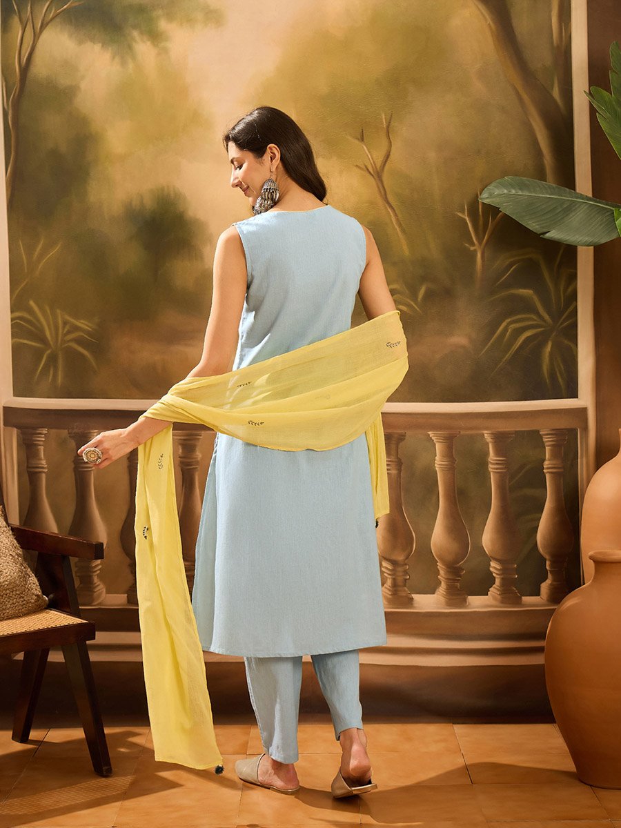 Sky Blue Embroidered Sleeveless Kurta and Pants Set with Dupatta