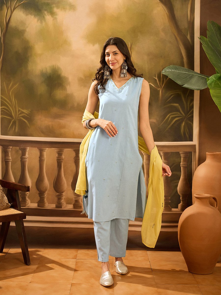 Sky Blue Embroidered Sleeveless Kurta and Pants Set with Dupatta