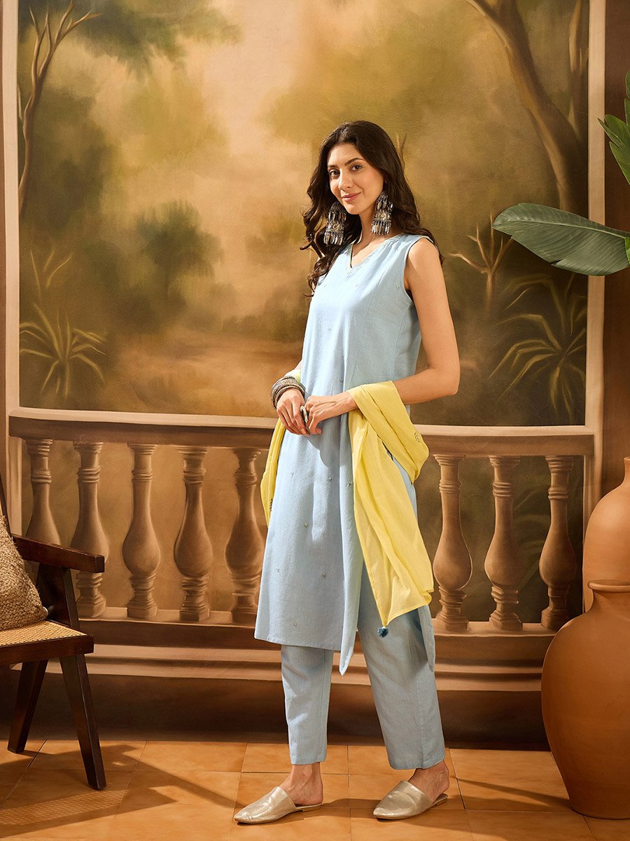 Sky Blue Embroidered Sleeveless Kurta and Pants Set with Dupatta