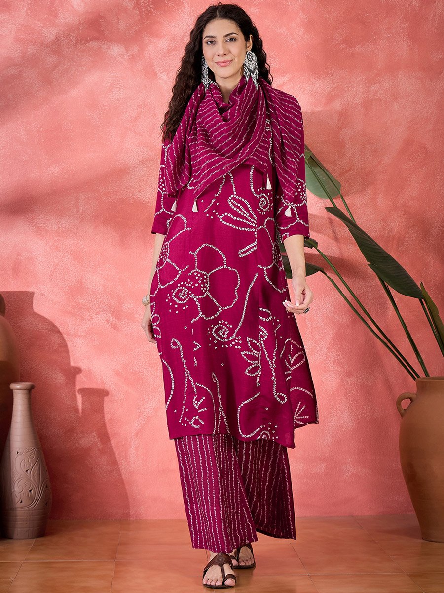 Pink Bandhani Print Kurta and Pants Set with Dupatta