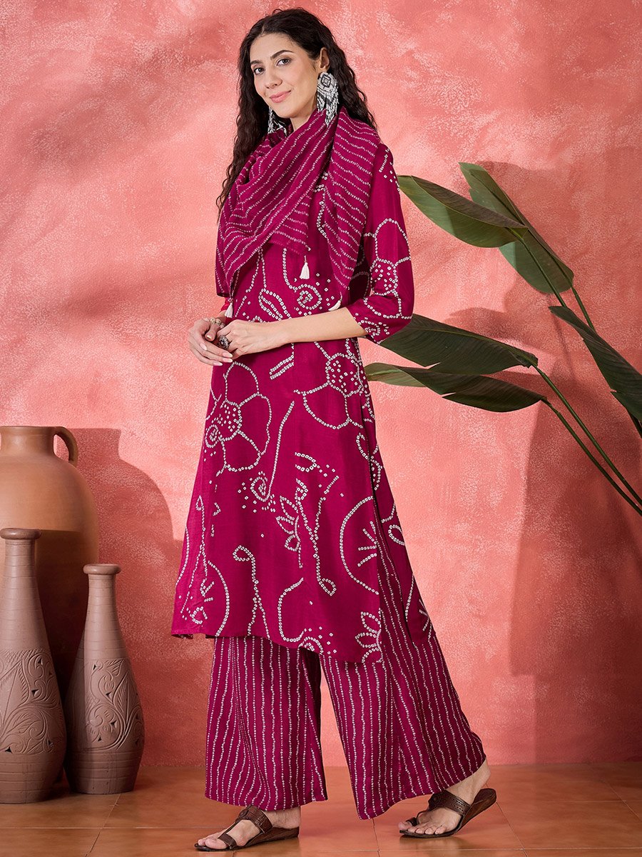 Pink Bandhani Print Kurta and Pants Set with Dupatta