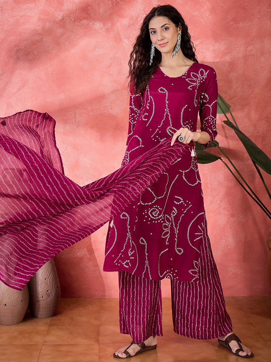 Pink Bandhani Print Kurta and Pants Set with Dupatta