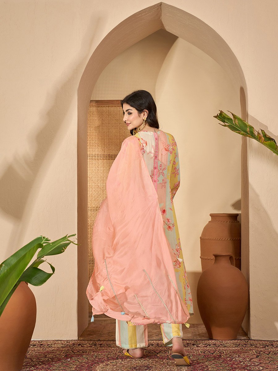 Multi-color Printed Embroidered Flared Kurta and Pants Set