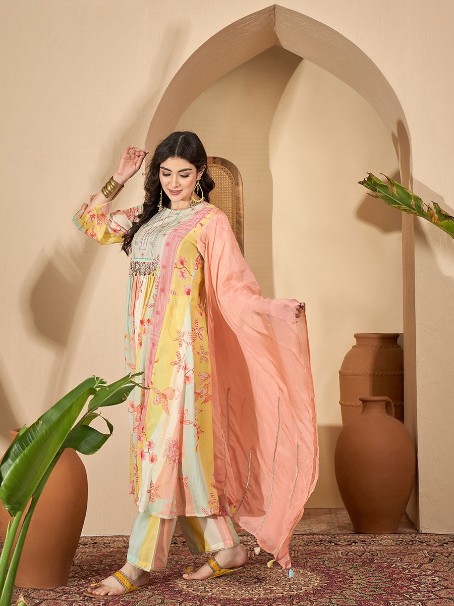 Multi-color Printed Embroidered Flared Kurta and Pants Set