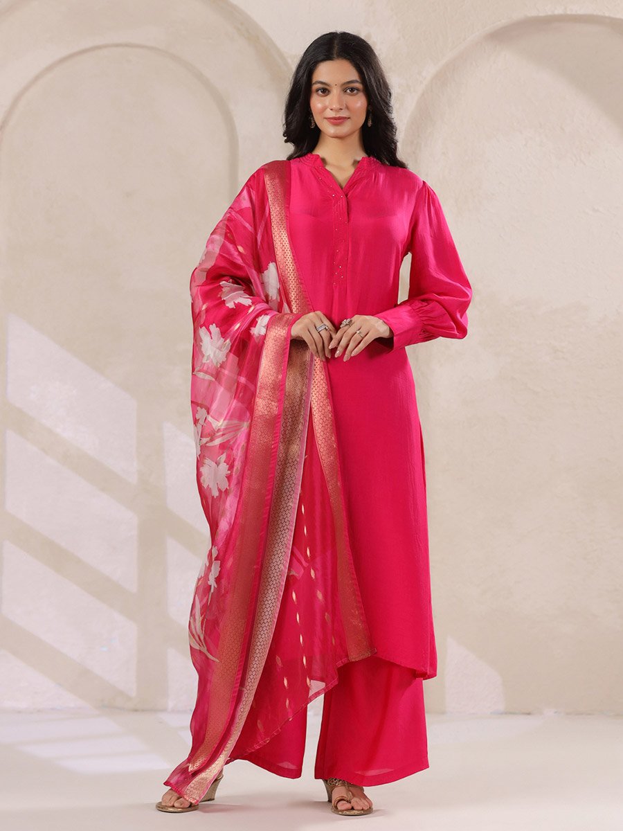 Pink Solid Kurta and Pants Set with Floral Organza Dupatta