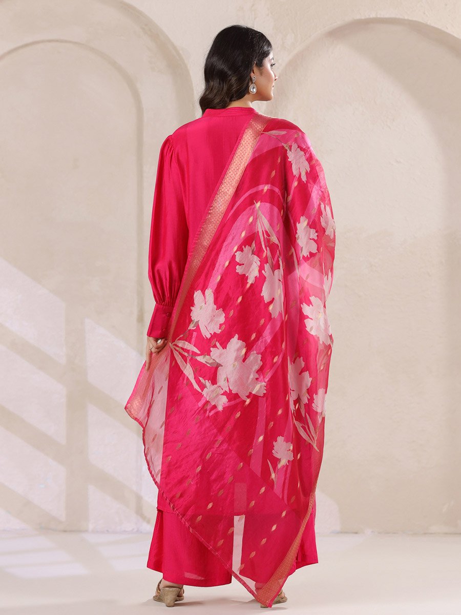 Pink Solid Kurta and Pants Set with Floral Organza Dupatta