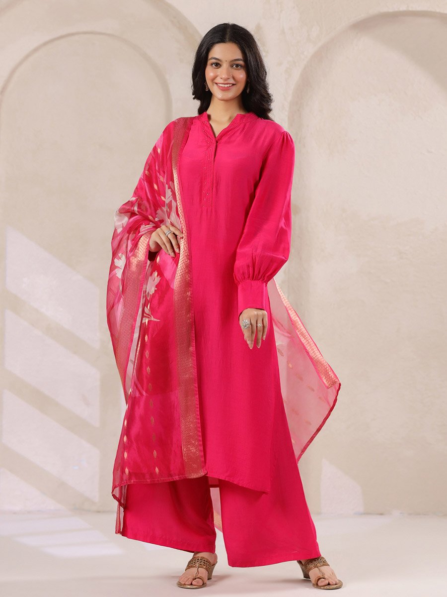 Pink Solid Kurta and Pants Set with Floral Organza Dupatta
