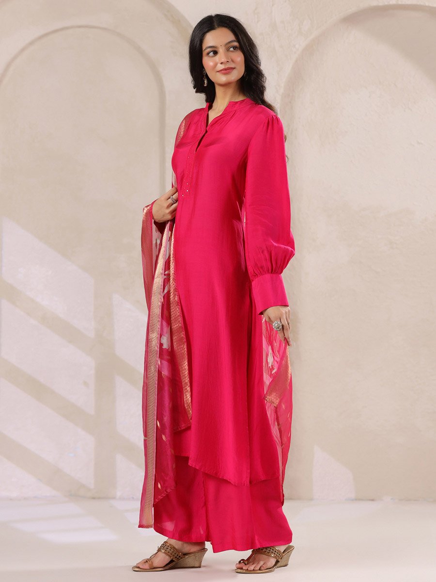 Pink Solid Kurta and Pants Set with Floral Organza Dupatta