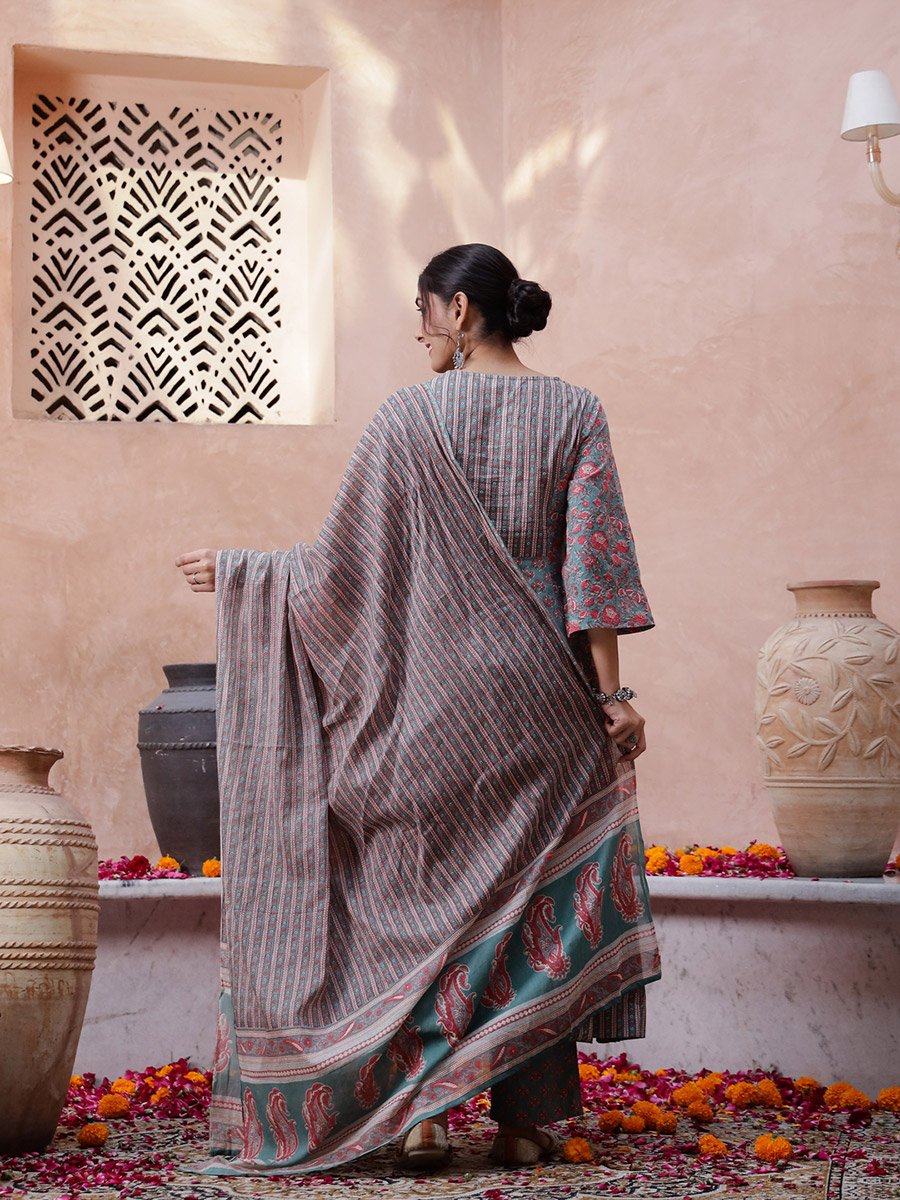 Multi-Color Floral Print V-Neck Flared Kurta and Pants Set with Dupatta
