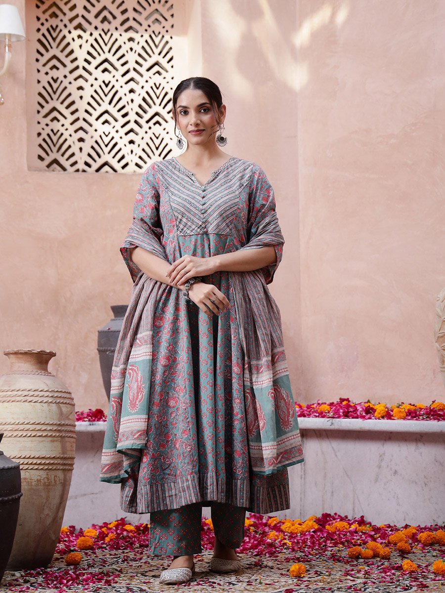 Multi-Color Floral Print V-Neck Flared Kurta and Pants Set with Dupatta