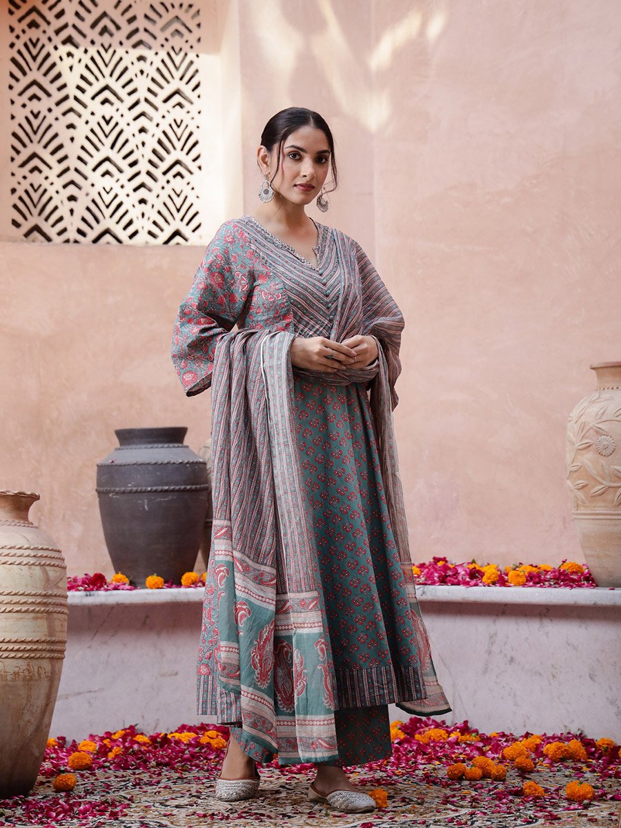 Multi-Color Floral Print V-Neck Flared Kurta and Pants Set with Dupatta