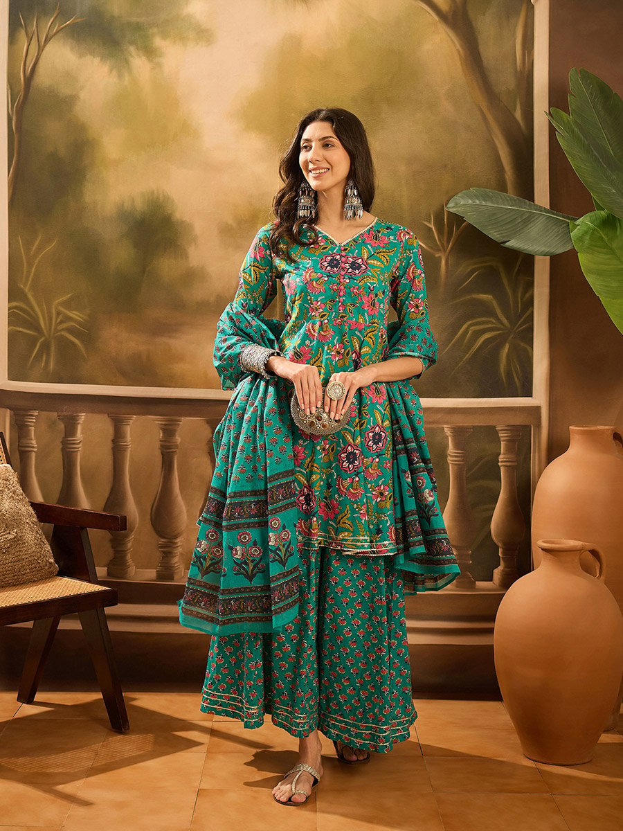 Turquoise Floral Print V-Neck Kurta and Pants Set with Dupatta