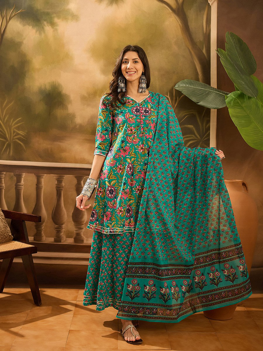 Turquoise Floral Print V-Neck Kurta and Pants Set with Dupatta