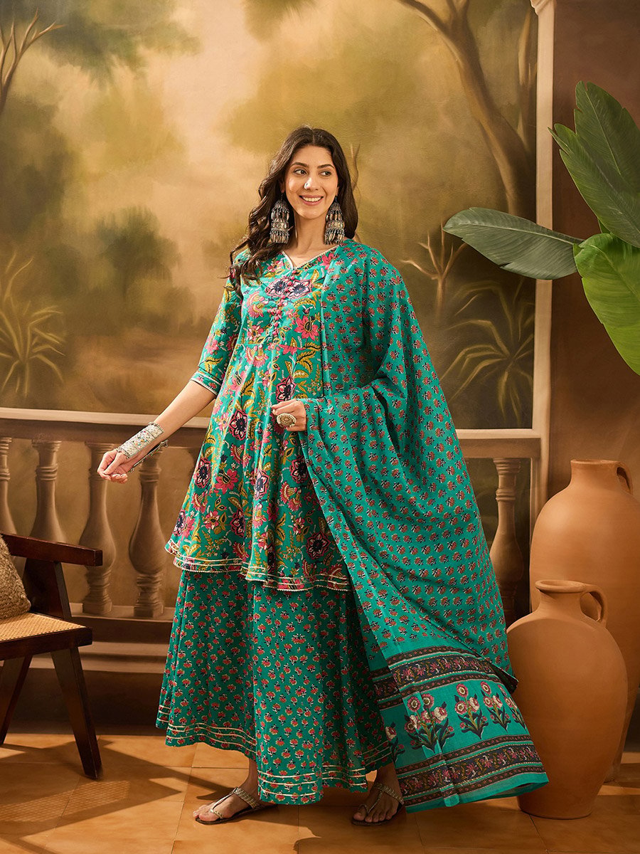 Turquoise Floral Print V-Neck Kurta and Pants Set with Dupatta