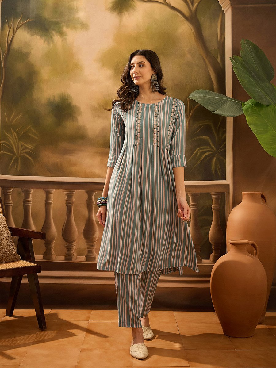 Green Striped Round Neck Kurta and Pants Ethnic Set
