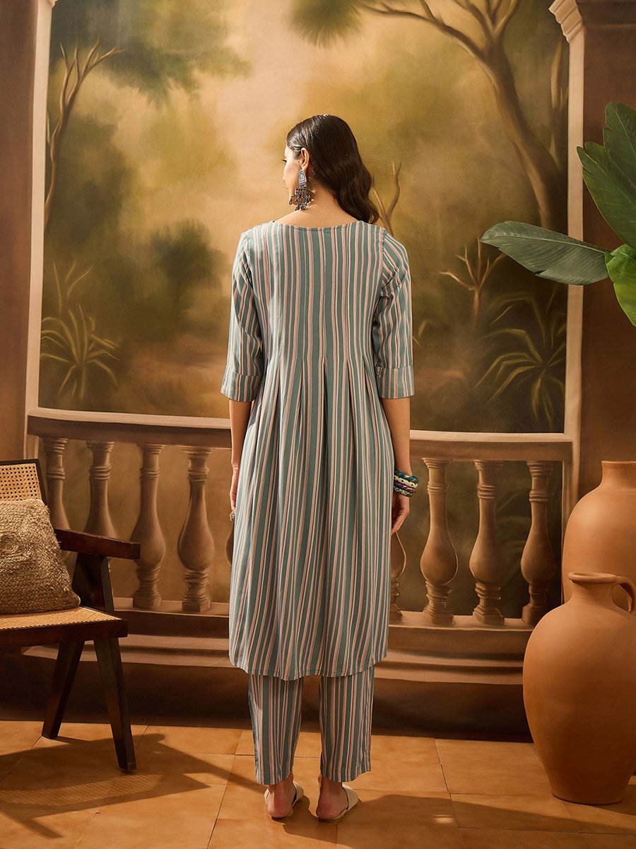 Green Striped Round Neck Kurta and Pants Ethnic Set