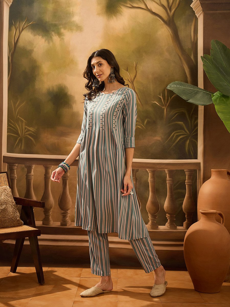 Green Striped Round Neck Kurta and Pants Ethnic Set