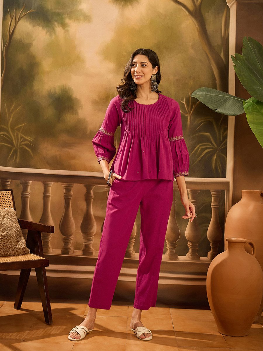 Pink Ruffle Details Kurta and pants Ethnic Set