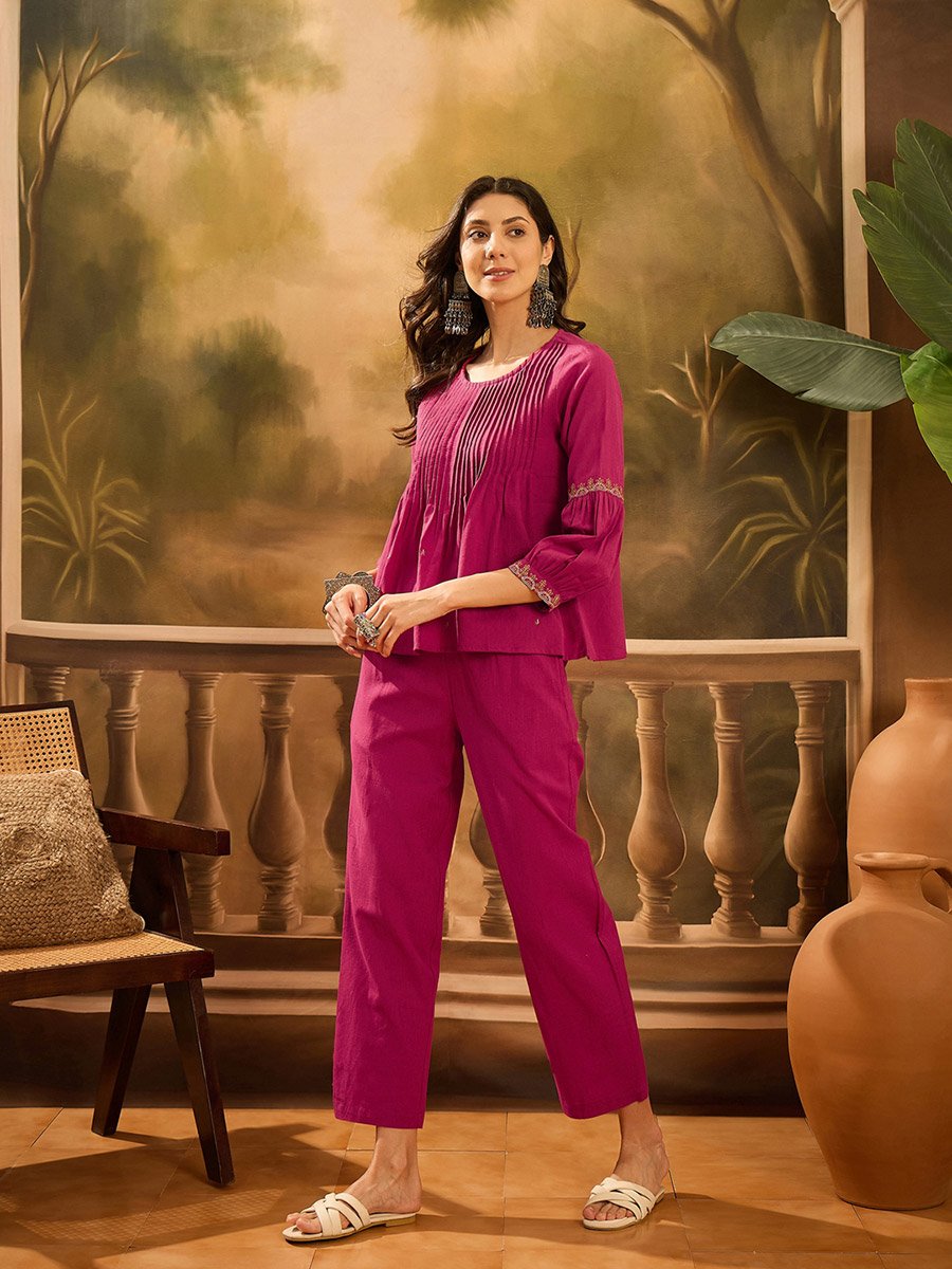 Pink Ruffle Details Kurta and pants Ethnic Set