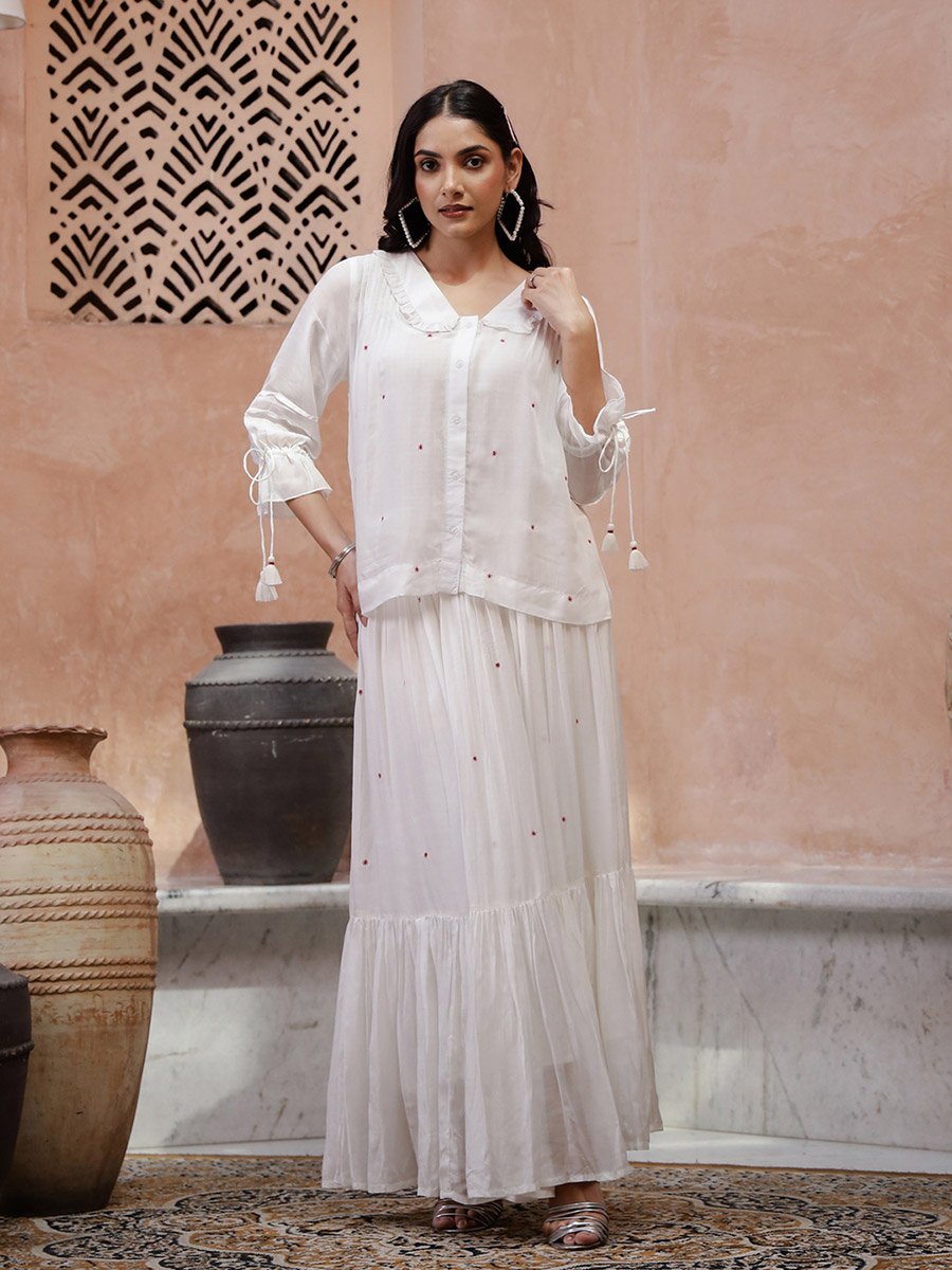 Off White V-Neck Tie-Up Details Kurta and A-Line Maxi Skirt Ethnic Set