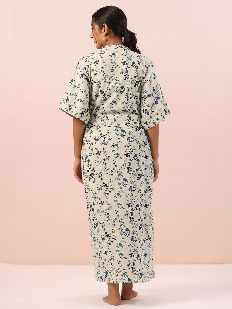 Multi-Color Floral Print V-Neck Tie-Up Waist Robe