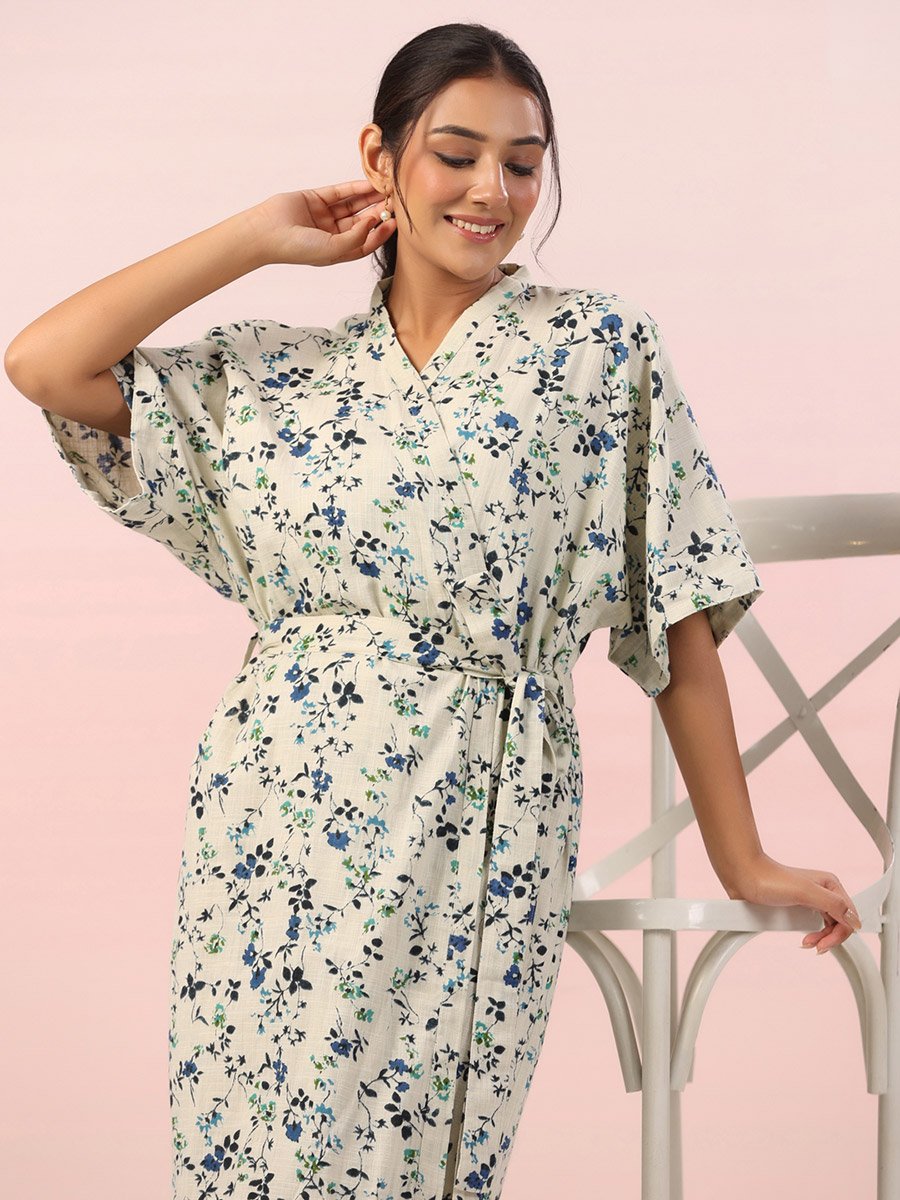 Multi-Color Floral Print V-Neck Tie-Up Waist Robe