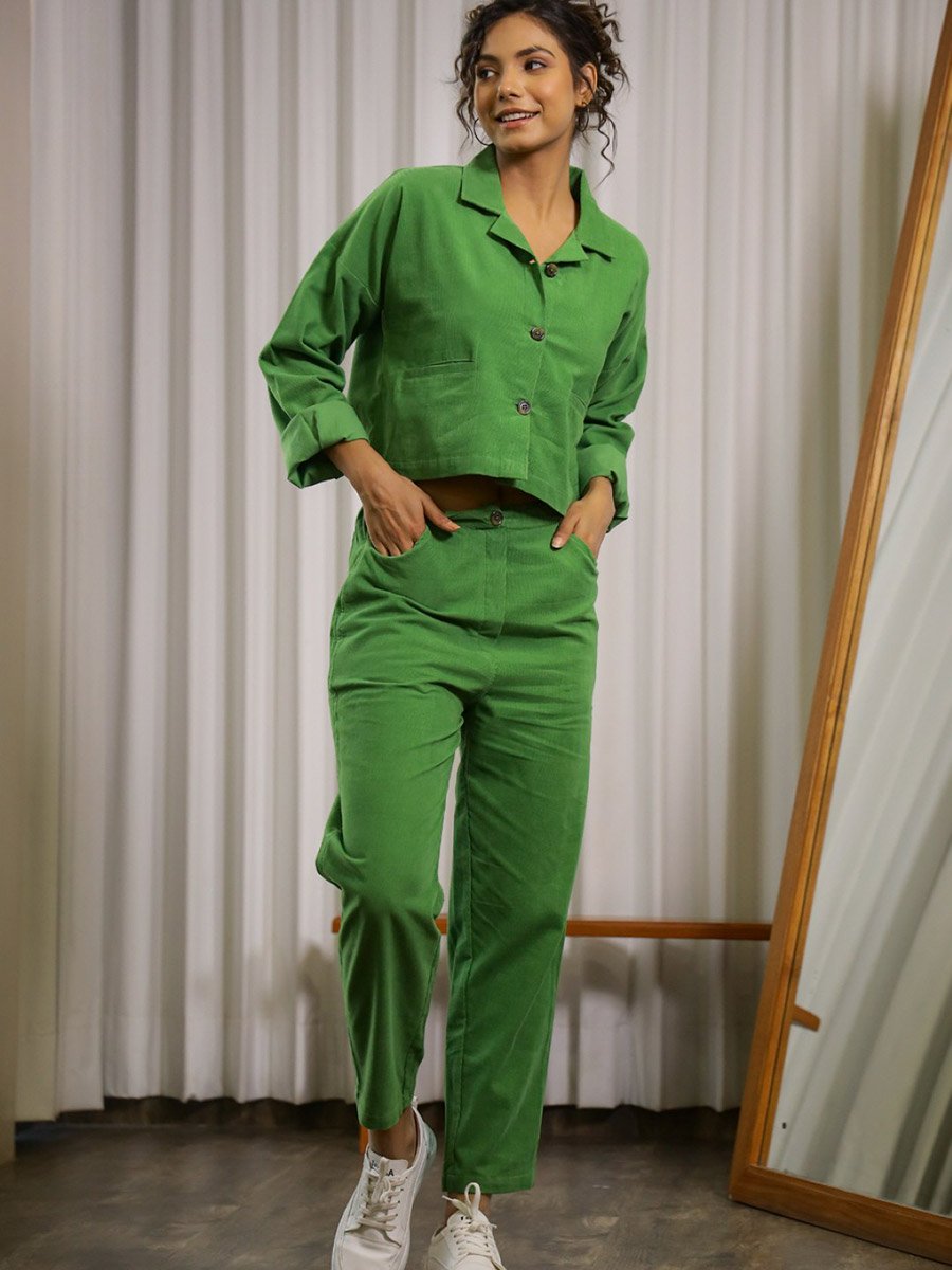 Womens Green Solid Cotton Blend Night Suit Set with Straight Pyjama