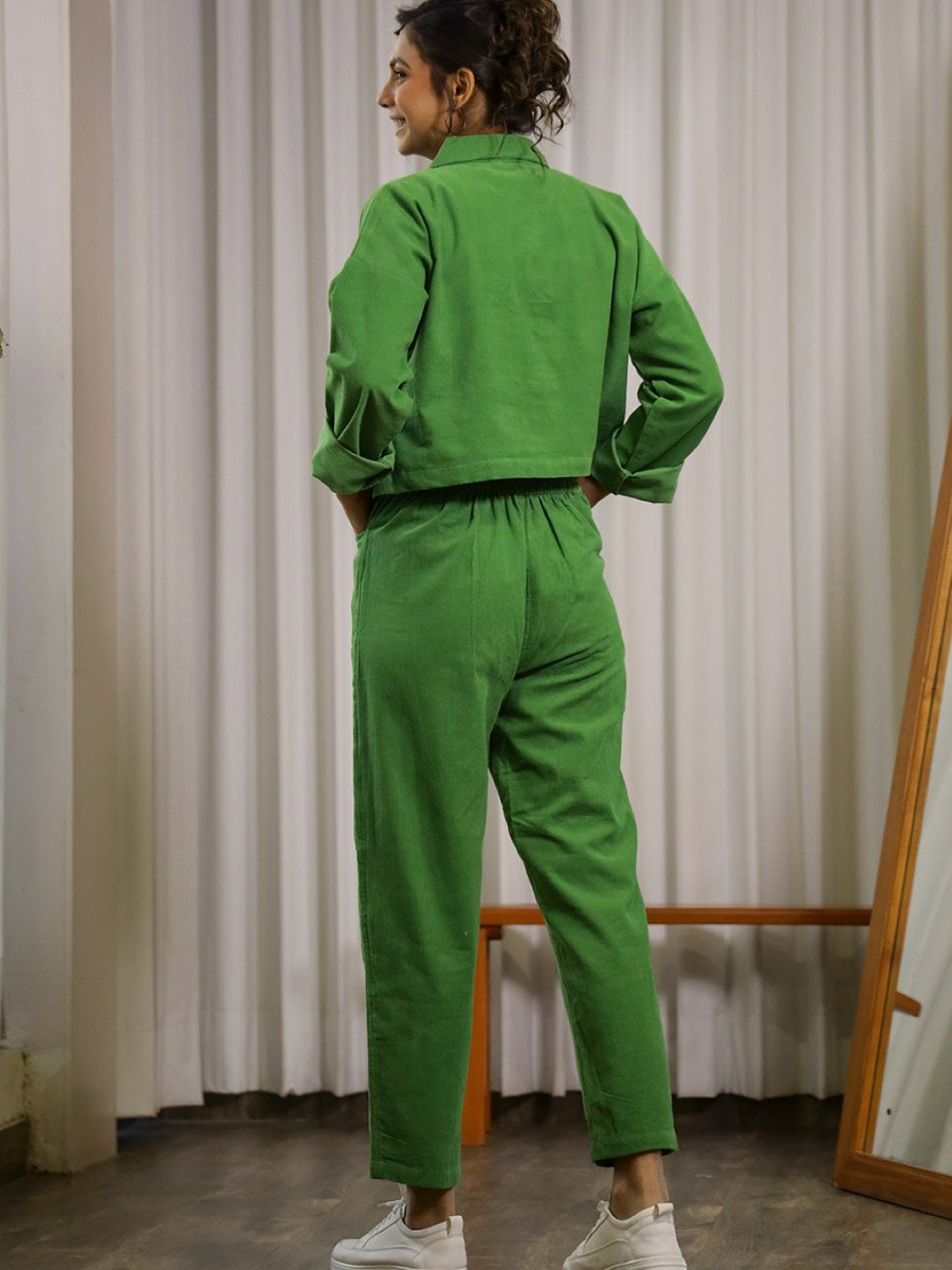 Womens Green Solid Cotton Blend Night Suit Set with Straight Pyjama
