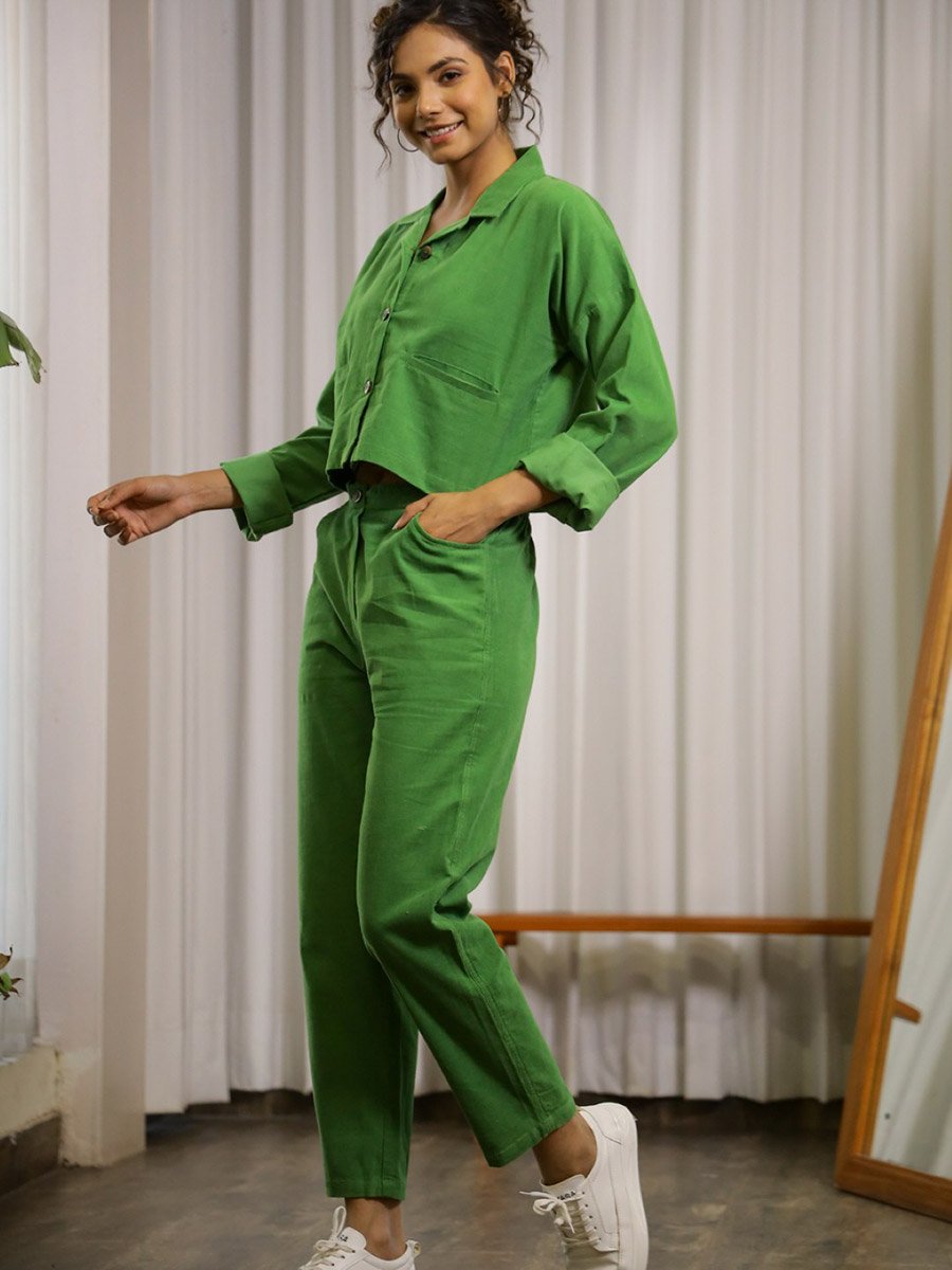 Womens Green Solid Cotton Blend Night Suit Set with Straight Pyjama