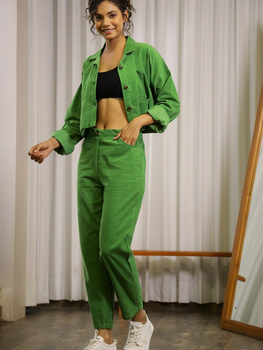 Womens Green Solid Cotton Blend Night Suit Set with Straight Pyjama