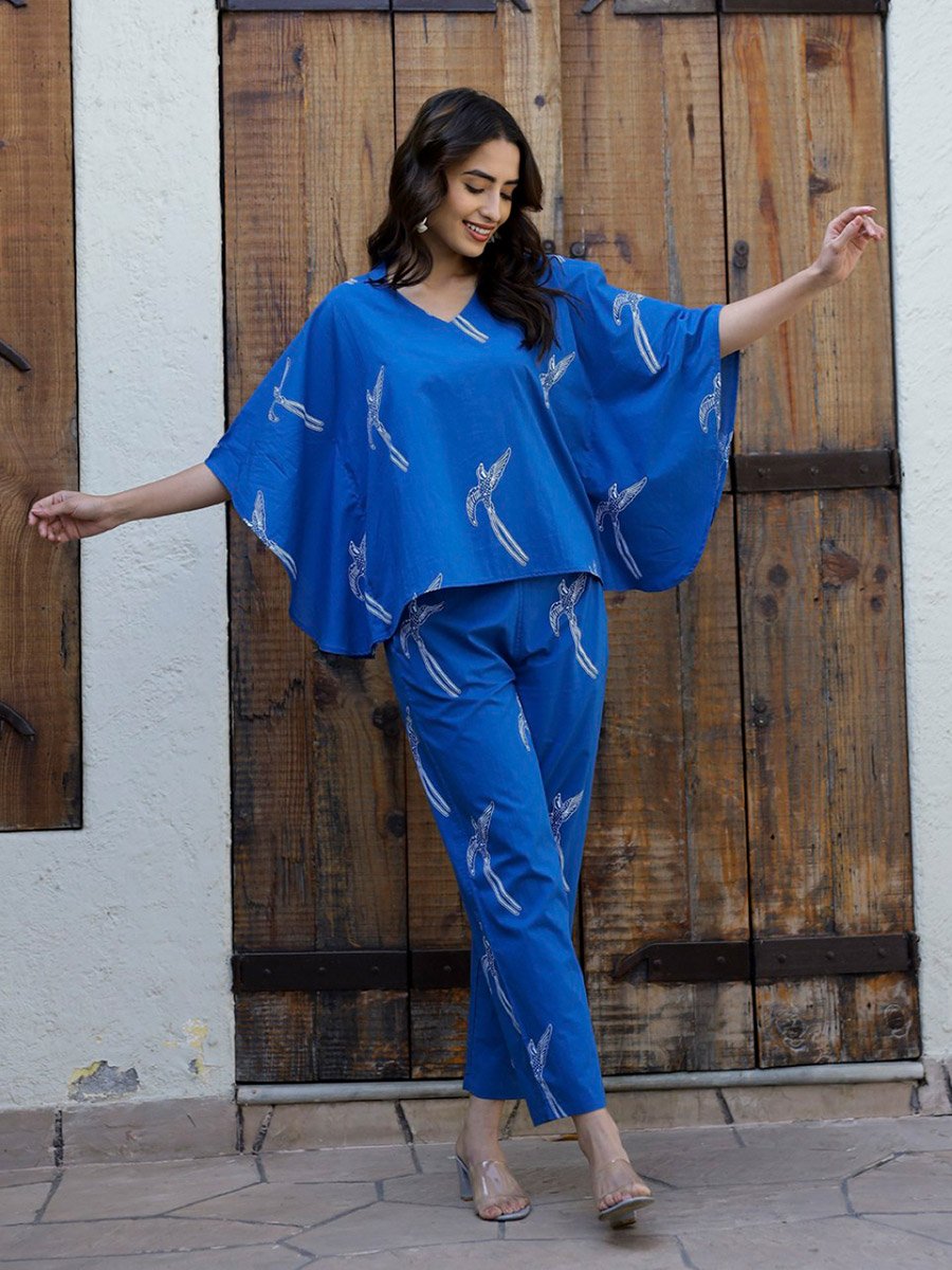 Womens Blue Printed Cotton Kaftan Pyjama Set