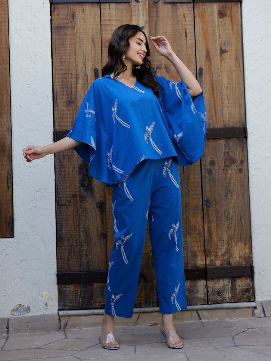 Womens Blue Printed Cotton Kaftan Pyjama Set